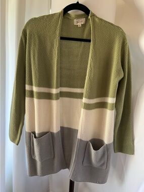 Open-Front Colorblock Cardigan Sweater - Olive/Cream/Gray